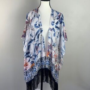 Chico’s Silk Blue Floral Fringe Open-Front Kimono with Coral Accents